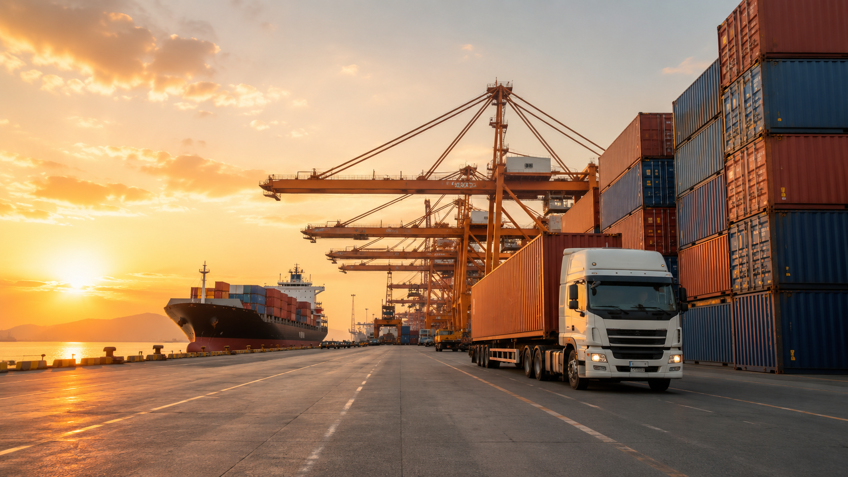 Container port, cargo ship and truck representing international logistics